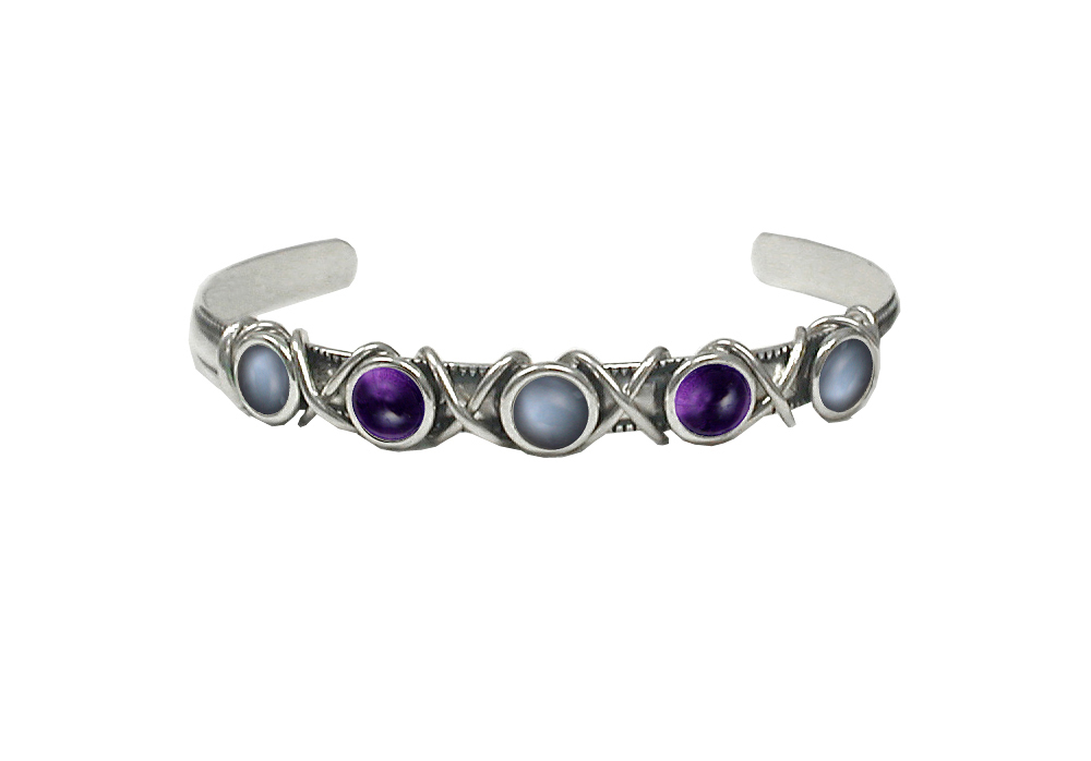 Sterling Silver Cuff Bracelet With Grey Moonstone And Amethyst